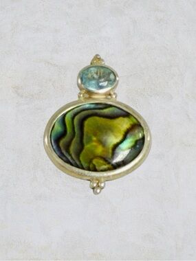 Sterling Silver A925 Oval Abalone Blue Topaz Crystal Pendant Charm Green Yellow